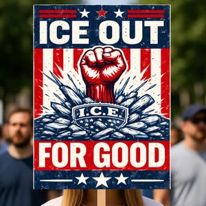 May include: A protest sign with a red, white, and blue design. The words "ICE OUT" and "FOR GOOD" are displayed in bold, white letters. A clenched fist bursts through ice, with the letters "I.C.E." in a circle below.