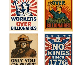 Paquete de 4 carteles de protesta: "No Kings", "Antifascismo", "Libertad" y "Derechos de los Trabajadores" (3 tamaños cada uno, PDF)