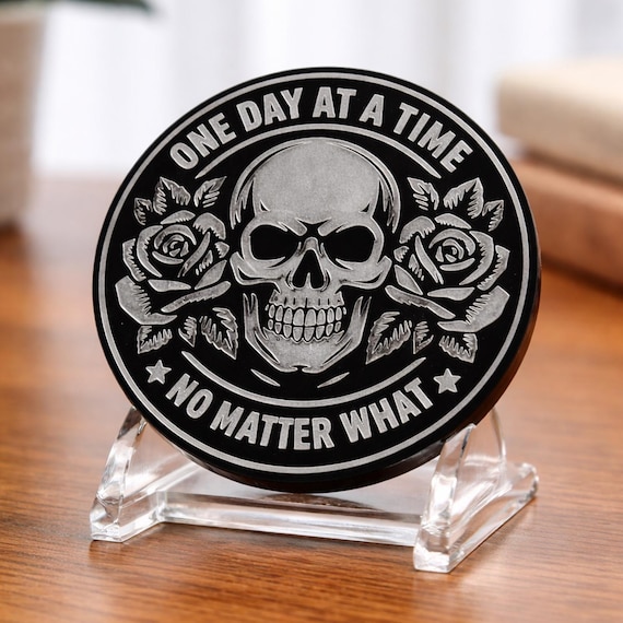 Black Stainless Steel Sobriety Coin, One Day at a Time Token, Serenity Prayer, Recovery Gift for Men, AA NA Chip