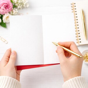 May include: A person holding a gold pen over an open, blank greeting card with a red interior. The card is on a white wooden surface, with a spiral notebook, flowers, and gold accessories in the background.