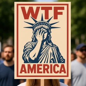 May include: A sign held by a person with the text "WTF AMERICA" in red and navy blue. The graphic depicts the Statue of Liberty covering her face with her hand. The sign has a beige background and a red border.