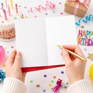 May include: A blank white greeting card held open, featuring a gold pen poised to write on the interior page. The card is positioned against a festive backdrop with a birthday cake, colorful confetti, a gift box, and a sign reading Happy Birthday.