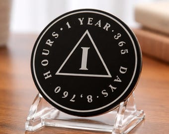 1 Year Sobriety Coin, Black Stainless Steel AA Chip, 365 Days Recovery Medallion, One Year AA Coin