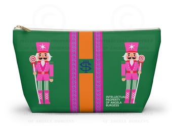 Christmas Nutcracker Monogrammed Green Mahjong Tile Bag: Chinoiserie Travel Pouch, Small and Large