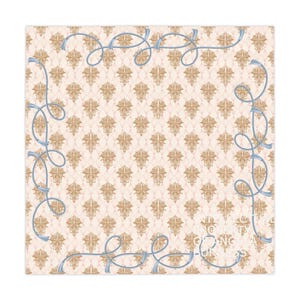 May include: Square handkerchief with a cream-colored background and a repeating gold pattern. A light blue rope design with tassels frames the edges. The handkerchief has the text "ROBERTO CONGOLA UK LTD" in the bottom right corner.