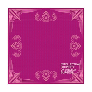May include: A square, fuchsia-colored textile with a repeating pattern and Art Deco-style borders in a lighter shade of pink. The design includes stylized tigers and geometric shapes. Text reads: "INTELLECTUAL PROPERTY OF ANGELA BURGESS."