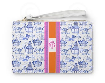 Estuche personalizado para cartas de Mahjong: Estuche Maj de piel sintética estilo chinoiserie, color azul pagoda.