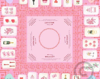 Puede incluir: Un juego de mesa rosa y blanco con varias ilustraciones, incluyendo botellas de champán, rosas y corazones. El tablero del juego presenta texto como "Walls Left" y "Play Right". La imagen también incluye el texto "Intellectual Property of Angela Burgess."
