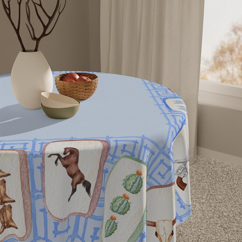 Texas Mahjong Tablecloth, Hostess Gift, 55x55, Horse Guns Bluebonnet Bandana Horseshoe Longhorn Cactus, Western Costal Cowgirl Game Night image 2