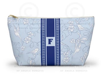 Monogrammed Mahjong Tile Bag: Chinoiserie Travel Pouch, Blue Birdie, Small and Large