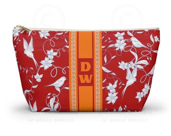 Monogrammed Mahjong Tile Bag: Chinoiserie Travel Pouch, Red and Orange, Small and Large