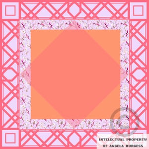 Puede incluir: Un textil cuadrado con un dise&ntilde;o geom&eacute;trico. El borde exterior es un patr&oacute;n de celos&iacute;a rosa claro, que enmarca un fondo lila. En el interior, un estampado floral bordea un centro de color coral. El texto en la parte inferior dice "INTELLECTUAL PROPERTY OF ANGELA BURGESS."