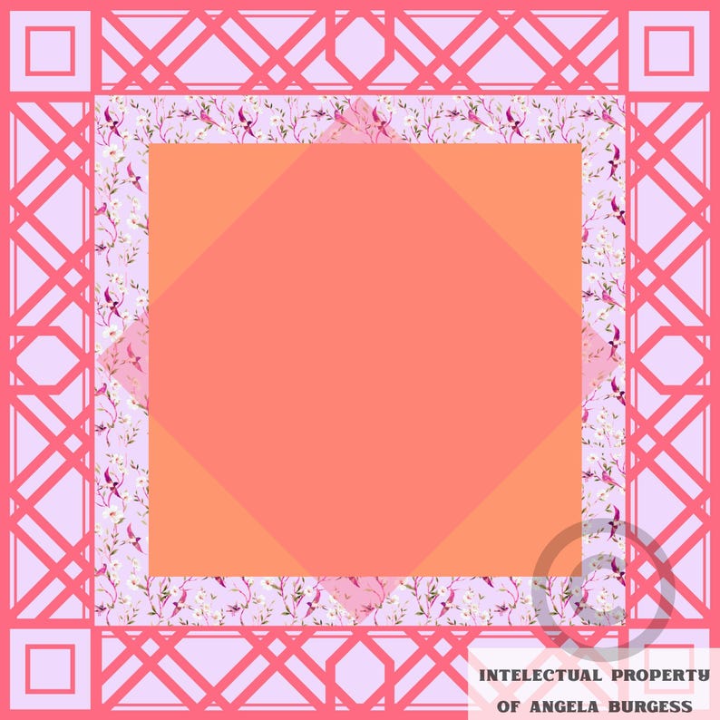 Puede incluir: Un textil cuadrado con un dise&ntilde;o geom&eacute;trico. El borde exterior es un patr&oacute;n de celos&iacute;a rosa claro, que enmarca un fondo lila. En el interior, un estampado floral bordea un centro de color coral. El texto en la parte inferior dice "INTELLECTUAL PROPERTY OF ANGELA BURGESS."