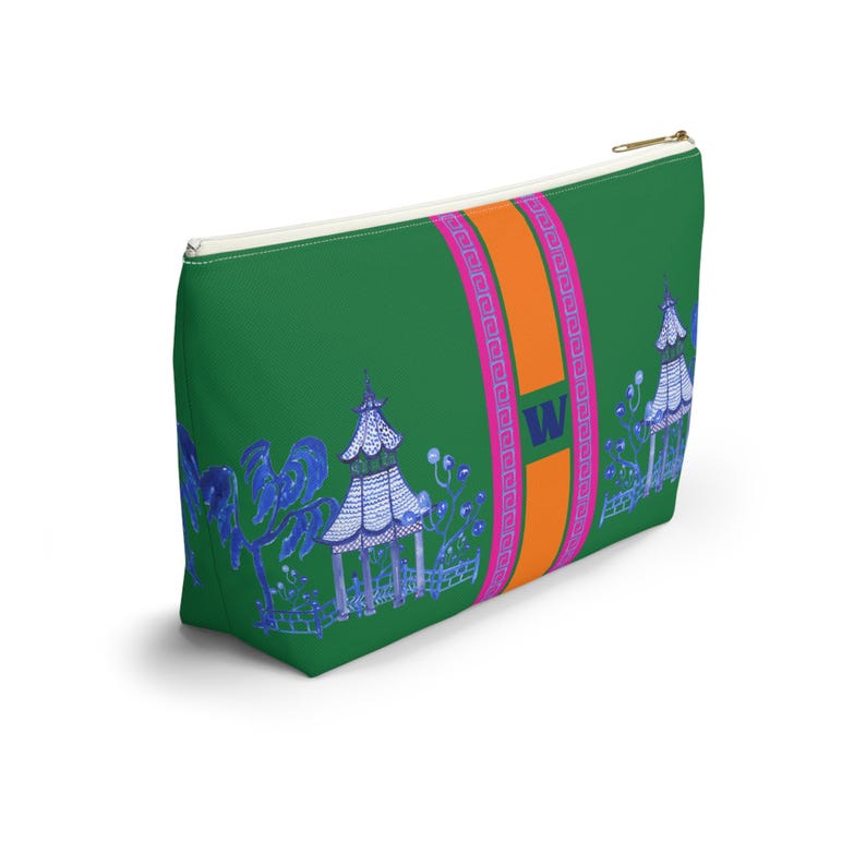 Monogrammed Green Pagoda Mahjong Tile Bag: Chinoiserie Travel Pouch, Small and Large image 4