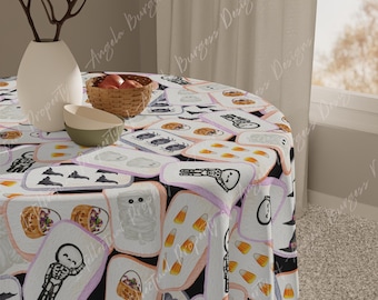 Halloween MAHJONG Tiles Tablecloth, 55 x 55, Hostess Gift, Bat, Pumpkin, Mummy, Skeleton, Ghost, Spider, Witch, Handpainted Tiles
