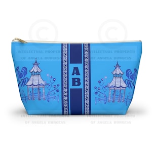 Monogrammed Blue Pagoda Mahjong Tile Bag: Chinoiserie Travel Pouch, Small and Large