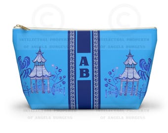 Monogrammed Blue Pagoda Mahjong Tile Bag: Chinoiserie Travel Pouch, Small and Large