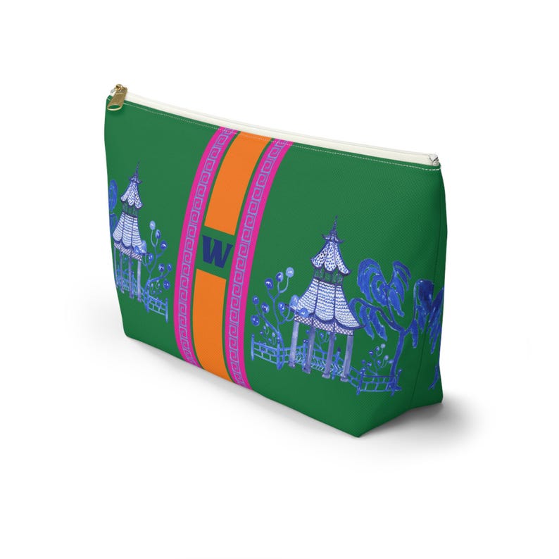 Monogrammed Green Pagoda Mahjong Tile Bag: Chinoiserie Travel Pouch, Small and Large image 3