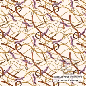 May include: A repeating pattern featuring brown leather belts, gold chains, and pink and brown striped ribbons on a cream background. The design includes various belt styles and chain links, creating a luxurious and detailed aesthetic.