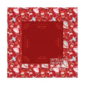 May include: A square, red decorative item with a repeating pattern of ballerinas, nutcrackers, and musical notes. The center is a solid red square with text that reads "Walls Left" and "Play Right". The words "Intellectual Property of Angela Burgess" are also visible.