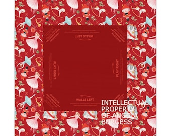 May include: A square, red decorative item featuring a repeating pattern of ballerinas, nutcrackers, and musical notes. The centre is a solid red square with text that reads "Walls Left" and "Play Right". The words "Intellectual Property of Angela Burgess" are also visible.