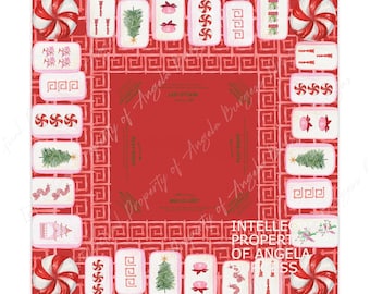 Christmas MAHJONG Tile Tablecloth, Charleston Rules, Size 55 x 55, Instructions Beginners Christmas Tree Peppermint Candy, Hostess Gift