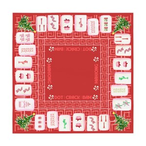 Christmas MAHJONG Tile Tablecloth, Size 55 x 55, Christmas Tree Peppermint Candy, Hostess Gift, Mahj Prize, Red Bamboo Table Cover
