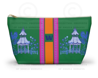 Monogrammed Green Pagoda Mahjong Tile Bag: Chinoiserie Travel Pouch, Small and Large