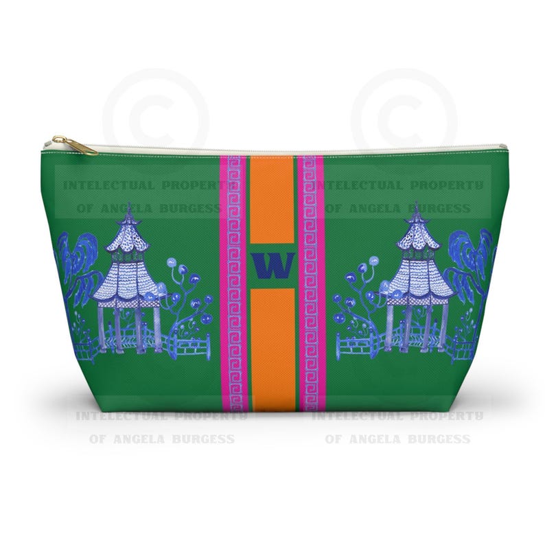 Monogrammed Green Pagoda Mahjong Tile Bag: Chinoiserie Travel Pouch, Small and Large image 1