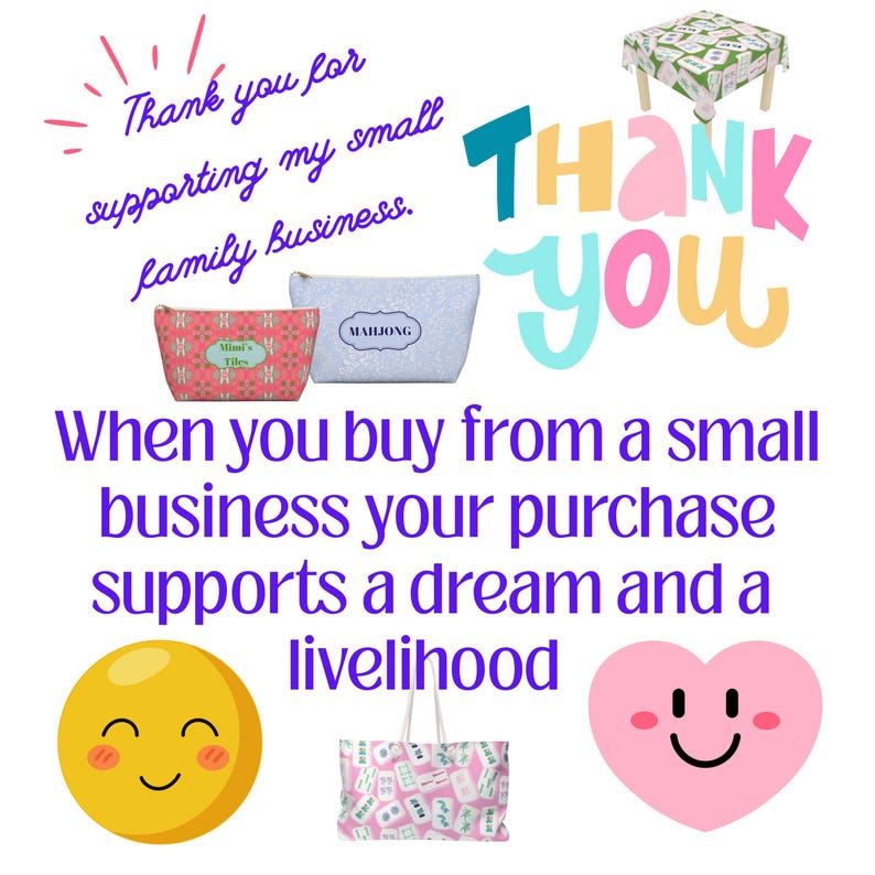 May include: An image with the text "Thank you for supporting my small family business." and "Thank You." The image includes a pink and white tote bag, a small table, two cosmetic bags, a yellow smiley face, and a pink heart.
