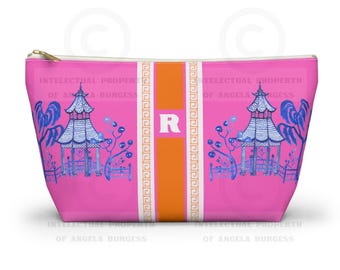 Monogrammed Mahjong Tile Bag: Chinoiserie Travel Pouch, Blue Pagoda on Pink, Small and Large