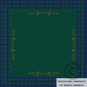 May include: A square scarf with a dark green center, framed by a dark green border and a blue and green plaid pattern. Gold-colored polo mallets and horse bits are arranged around the green center. The text "INTELLECTUAL PROPERTY OF ANGELA BURGESS" is at the bottom.