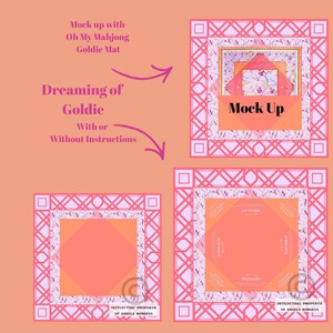 Puede incluir: Imagen de maqueta de una alfombra Goldie con un dise&ntilde;o geom&eacute;trico rosa y blanco. Se muestra el texto "Dreaming of Goldie", junto con "Mock Up" y otro texto. El fondo es melocot&oacute;n.