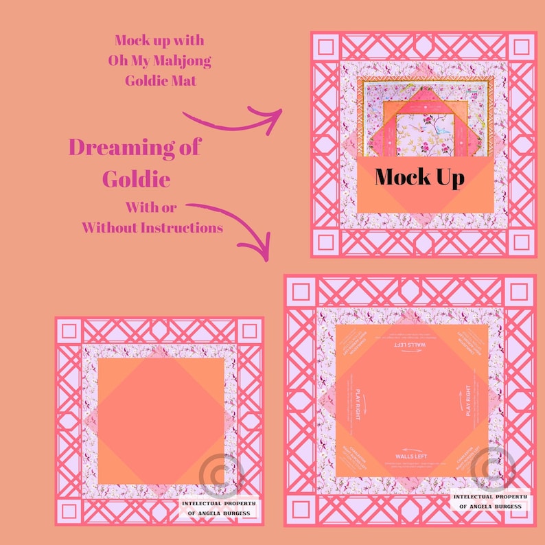 Puede incluir: Imagen de maqueta de una alfombra Goldie con un dise&ntilde;o geom&eacute;trico rosa y blanco. Se muestra el texto "Dreaming of Goldie", junto con "Mock Up" y otro texto. El fondo es melocot&oacute;n.