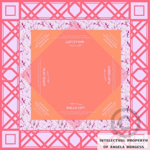 Puede incluir: Dise&ntilde;o textil cuadrado con un estampado floral y bordes geom&eacute;tricos en tonos rosa, melocot&oacute;n y lavanda. El centro presenta el texto "Walls Left" y "Play Right". El dise&ntilde;o incluye el texto "Charleston Right-Across-Left Option to Stop".
