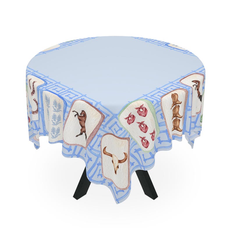 Texas Mahjong Tablecloth, Hostess Gift, 55x55, Horse Guns Bluebonnet Bandana Horseshoe Longhorn Cactus, Western Costal Cowgirl Game Night image 4
