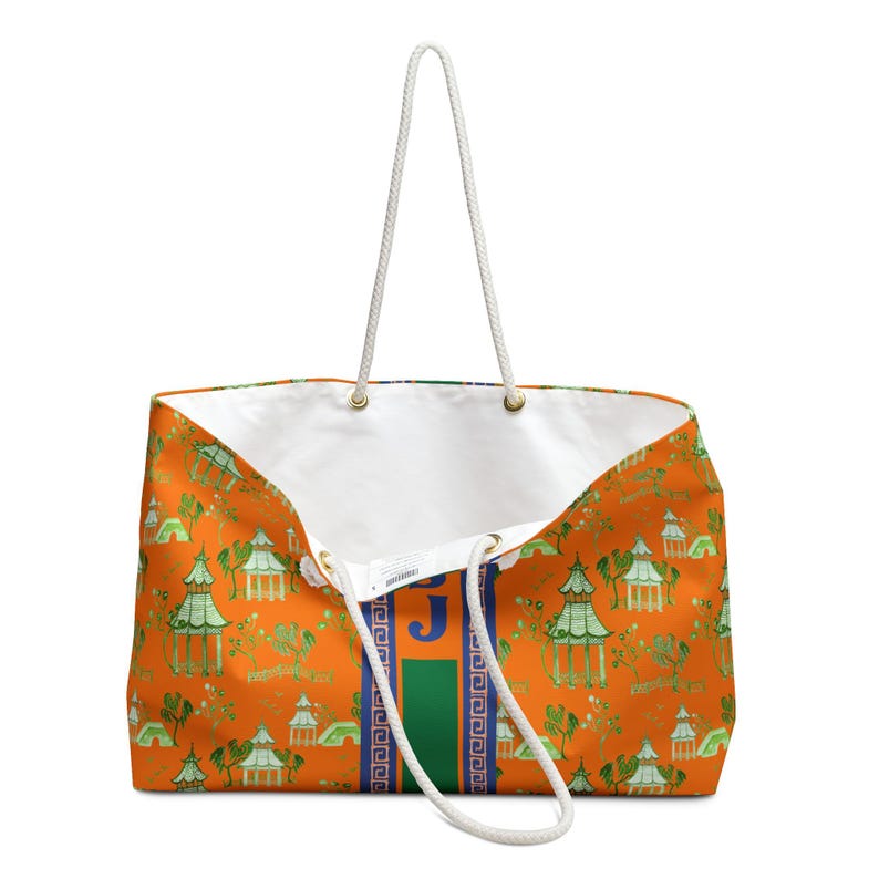 Monogrammed Orange Chinoiserie Mahjong Tote Bag: Personalized Mahjong Gift, Maj Carry-All Travel Duffel image 4