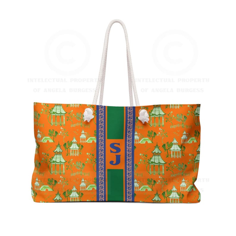 Monogrammed Orange Chinoiserie Mahjong Tote Bag: Personalized Mahjong Gift, Maj Carry-All Travel Duffel image 1