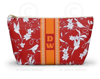 Monogrammed Mahjong Tile Bag: Chinoiserie Travel Pouch, Red and Orange, Small and Large