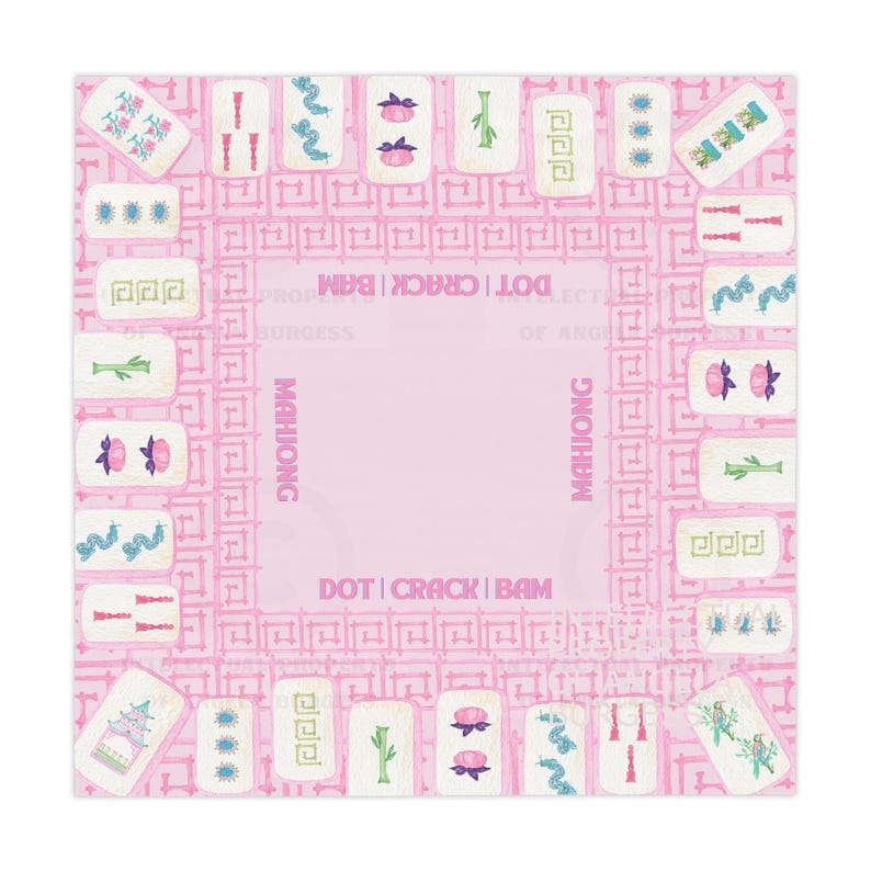 Mahjong Game Night Tablecloth, Hostess Gift, 55x55, Tiles Table Cover, Pink Bamboo, West Palm Beach Style, Mahj Prize image 1