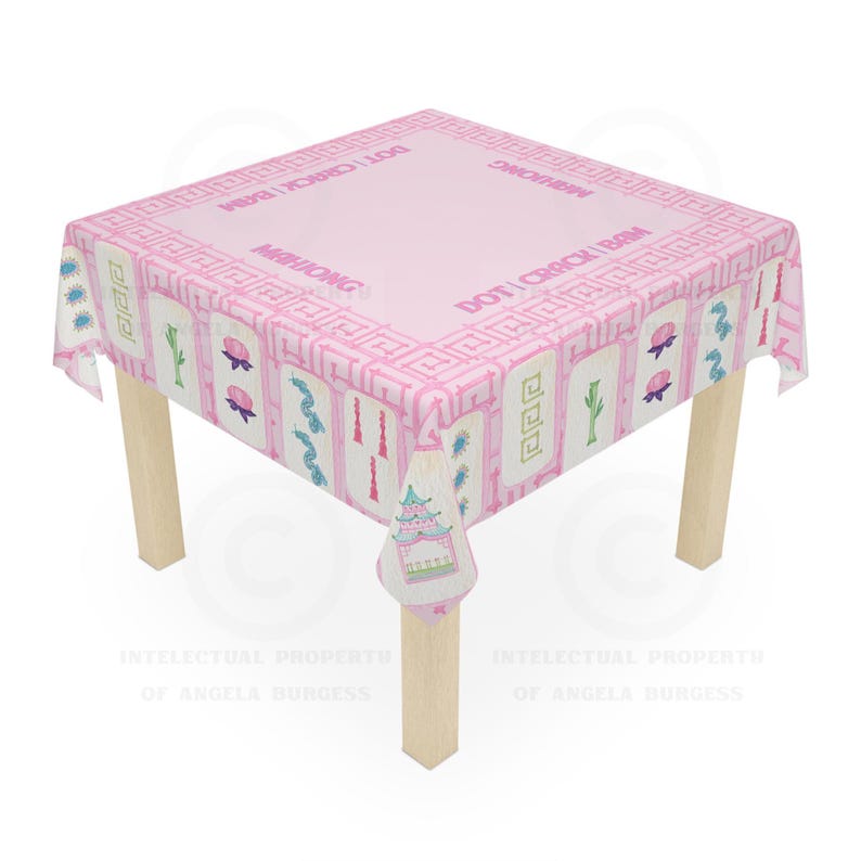 Mahjong Game Night Tablecloth, Hostess Gift, 55x55, Tiles Table Cover, Pink Bamboo, West Palm Beach Style, Mahj Prize image 2