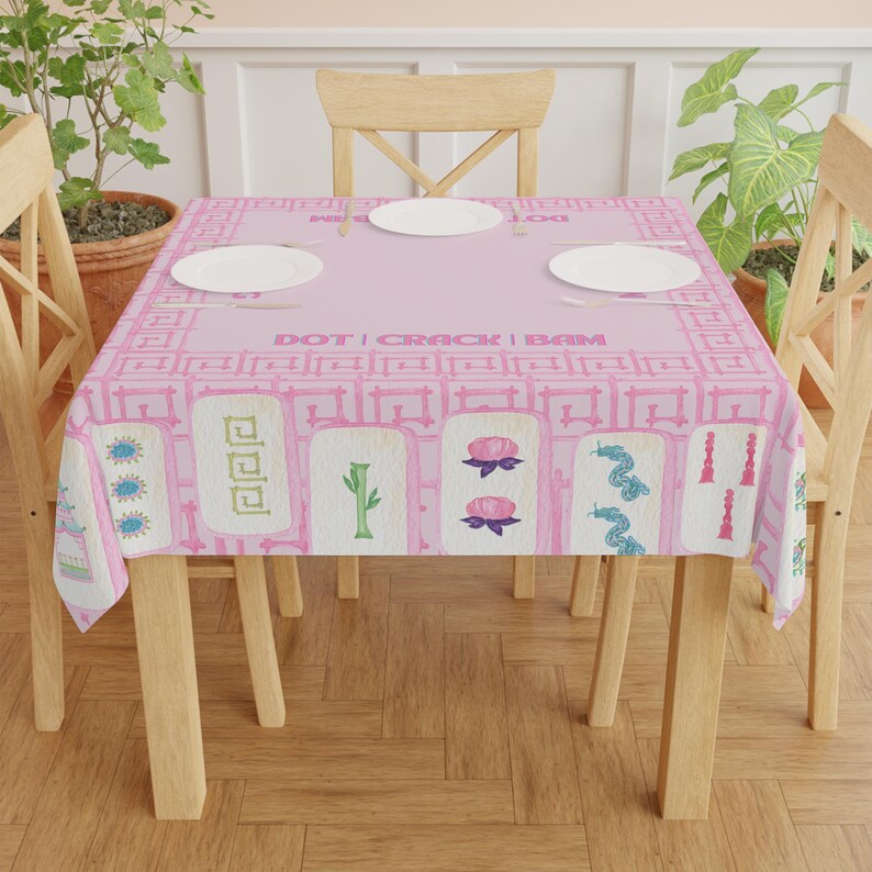 Mahjong Game Night Tablecloth, Hostess Gift, 55x55, Tiles Table Cover, Pink Bamboo, West Palm Beach Style, Mahj Prize image 4
