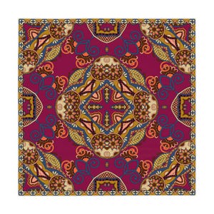 May include: Square decorative textile with a detailed floral pattern. The design features a central diamond shape surrounded by ornate, symmetrical elements in shades of burgundy, blue, gold, and orange. The border has a repeating geometric pattern.