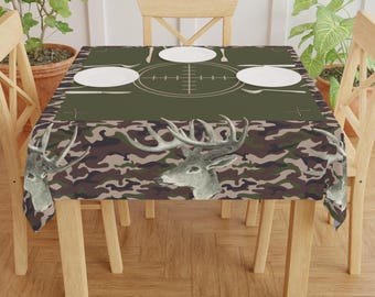Deer Hunting Camo Tablecloth, Camouflage, Guys Away Girls Will Play, Gaming Table Cover, 55 x 55, Poker, Keno, Bunco