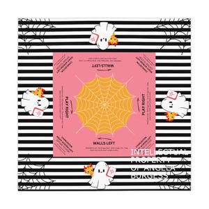 May include: A square Halloween-themed bandana with a pink center featuring a yellow spiderweb design. The corners have ghost illustrations and text. The border is black and white stripes with spiderwebs.