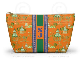 Monogrammed Mahjong Tile Bag: Chinoiserie Travel Pouch, Blue Pagoda On Orange, Small and Large