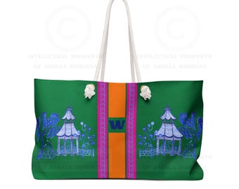 Monogrammed Blue Pagoda Green Chinoiserie Mahjong Tote Bag, Personalized Mahjong Gift, Maj Carry-All Travel Duffel