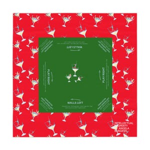 May include: A red square textile with a repeating pattern of martini glasses and dancers. A green square in the center features text and martini glass illustrations. The text includes "PLAY RIGHT" and "WALLS LEFT".