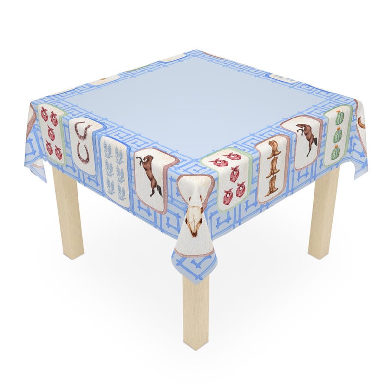 Texas Mahjong Tablecloth, Hostess Gift, 55x55, Horse Guns Bluebonnet Bandana Horseshoe Longhorn Cactus, Western Costal Cowgirl Game Night image 3