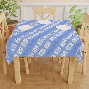 Blue Chinoiserie Mahjong Tablecloth: Grandmillennial Game Night Cover